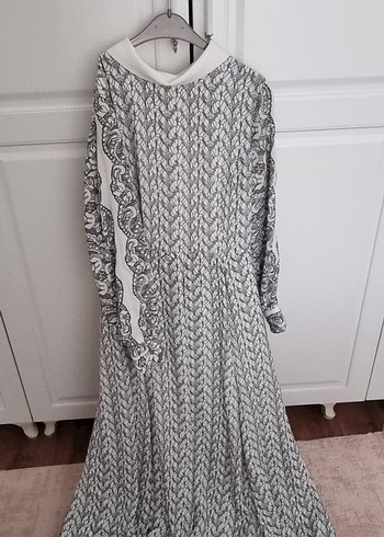 Gri Uzun Örgü Elbise, Pilili, Yaka Detaylı - Görsel 2