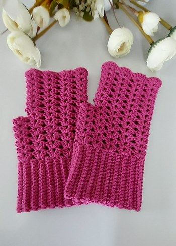 Pembe Dantelli Bohem Örgü Eldiven Fuşya - Görsel 4