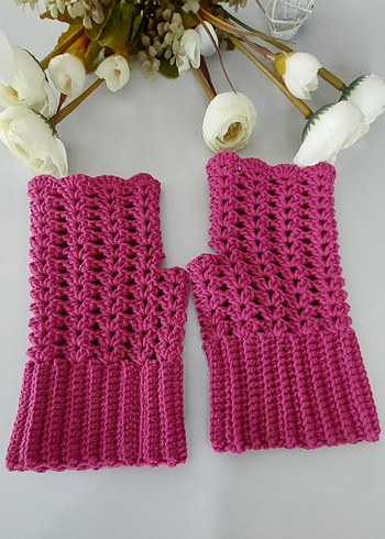 Pembe Dantelli Bohem Örgü Eldiven Fuşya - Görsel 3