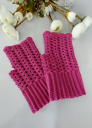 Pembe Dantelli Bohem Örgü Eldiven Fuşya - Görsel 2