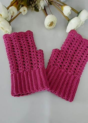 Pembe Dantelli Bohem Örgü Eldiven Fuşya - Görsel 5
