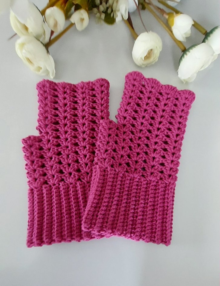 Pembe Dantelli Bohem Örgü Eldiven Fuşya - Görsel 4