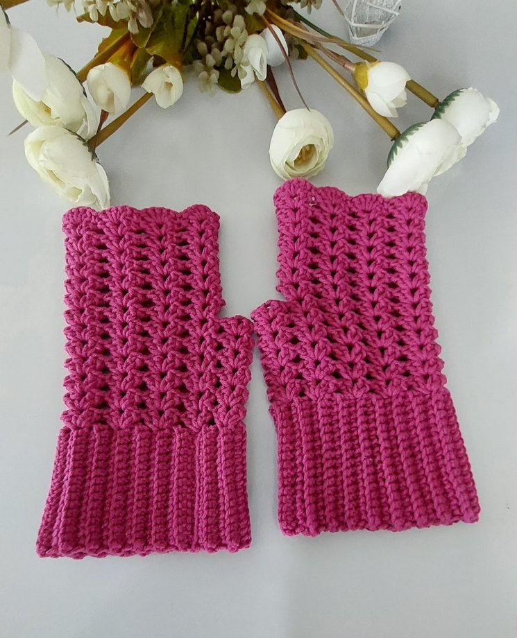 Pembe Dantelli Bohem Örgü Eldiven Fuşya - Görsel 3