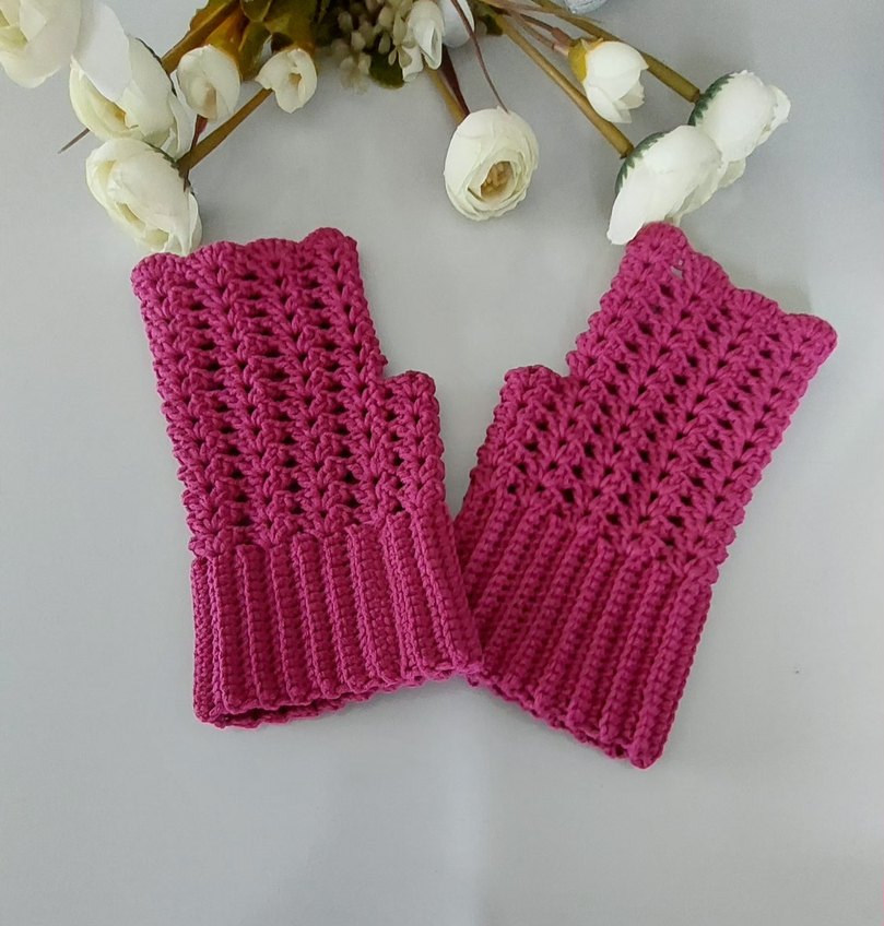 Pembe Dantelli Bohem Örgü Eldiven Fuşya - Görsel 5