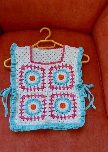 Renkli Bağcıklı El Örgü Bebek Önlüğü. süveter - Görsel 2