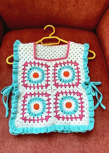 Renkli Bağcıklı El Örgü Bebek Önlüğü. süveter - Görsel 5