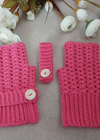 Pembe Örgü Bohem Kadın Eldiveni - Görsel 3