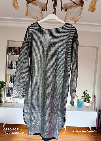 Gümüş renk V Yaka Uzun Örgü Kadın Kazak - Görsel 2