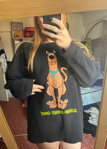 Mavi Scooby Doo Baskılı Siyah Oversize Sweatshirt