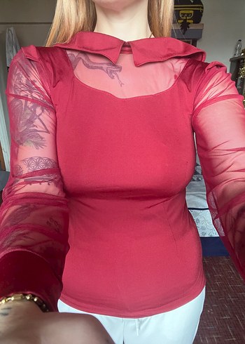 Kırmızı Transparan Kollu Gotik Bluz - Görsel 2