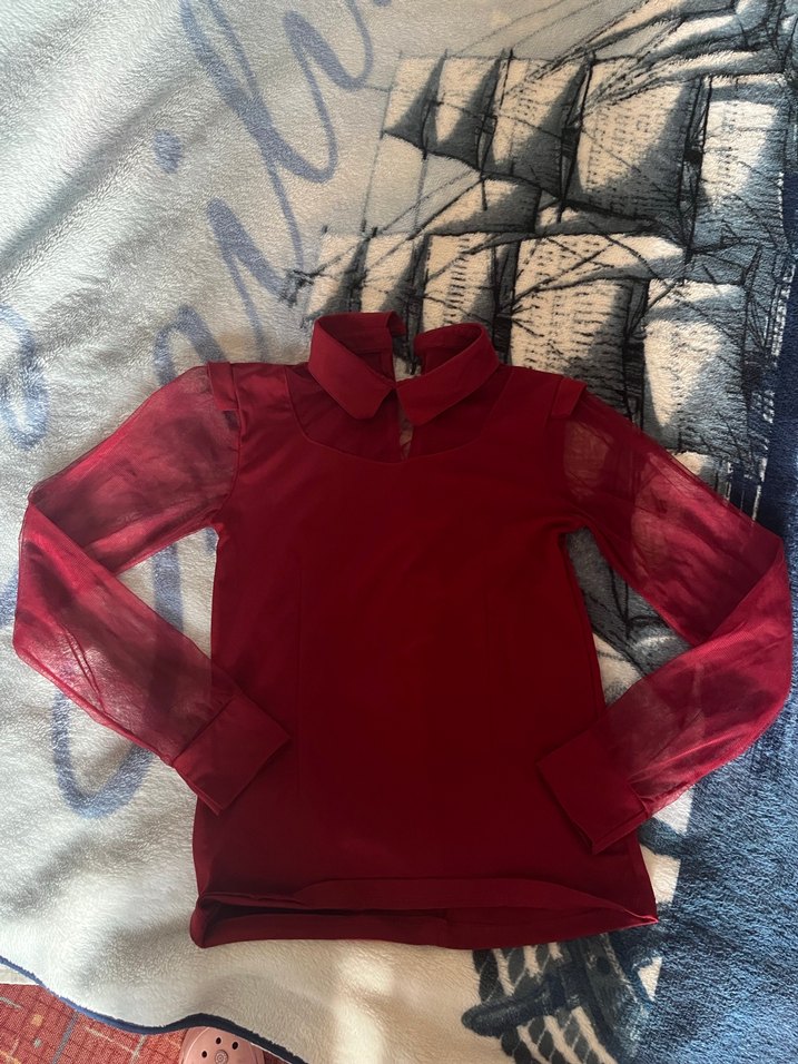 Kırmızı Transparan Kollu Gotik Bluz - Görsel 3