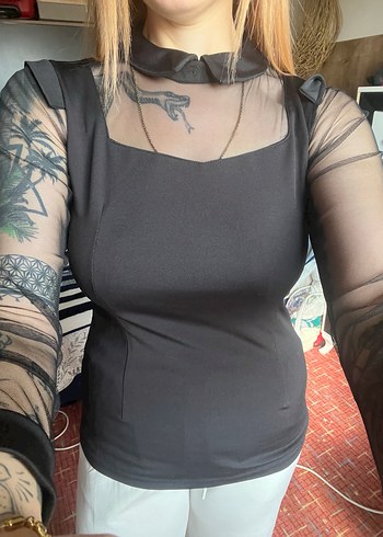 Uzun Kollu Siyah Gotik Transparan Kadın Bluz - Görsel 3