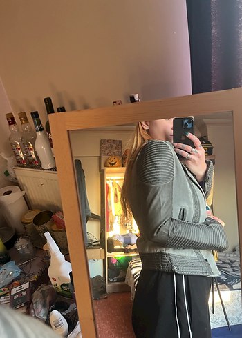 Gri Deri Biker Ceket Kadın - Görsel 4