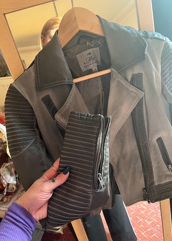 Gri Deri Biker Ceket Kadın - Görsel 6