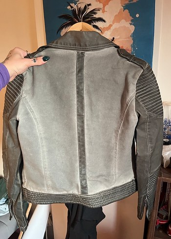 Gri Deri Biker Ceket Kadın - Görsel 3