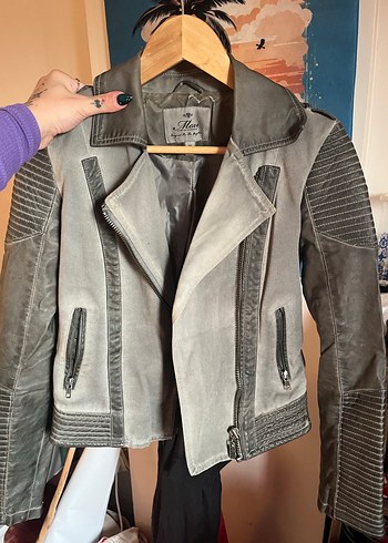 Gri Deri Biker Ceket Kadın