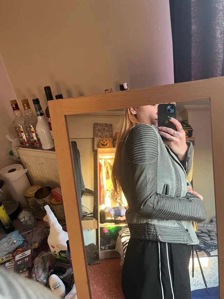 Gri Deri Biker Ceket Kadın - Görsel 4