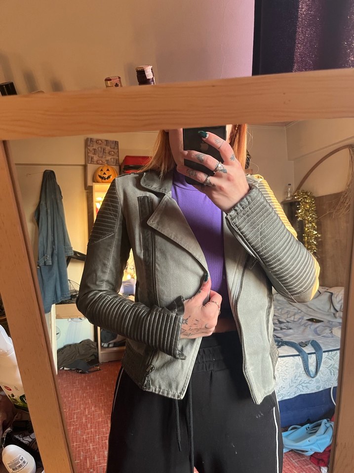 Gri Deri Biker Ceket Kadın - Görsel 2