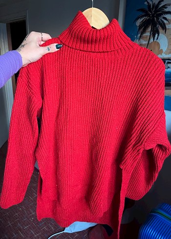 Kırmızı Yüksek Yakalı Örgü Kadın Kazak - Görsel 4