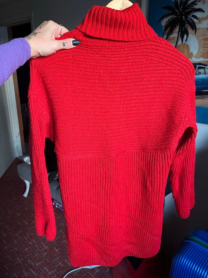 Kırmızı Yüksek Yakalı Örgü Kadın Kazak - Görsel 5