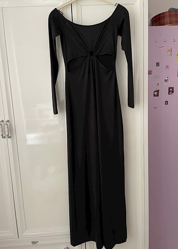 Kayık yaka Siyah Uzun Gotik Tulum Elbise - Görsel 6