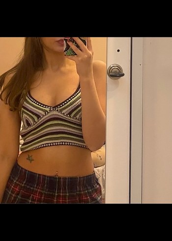 Bohem Örgü V Yaka Kadın Süveter crop - Görsel 2