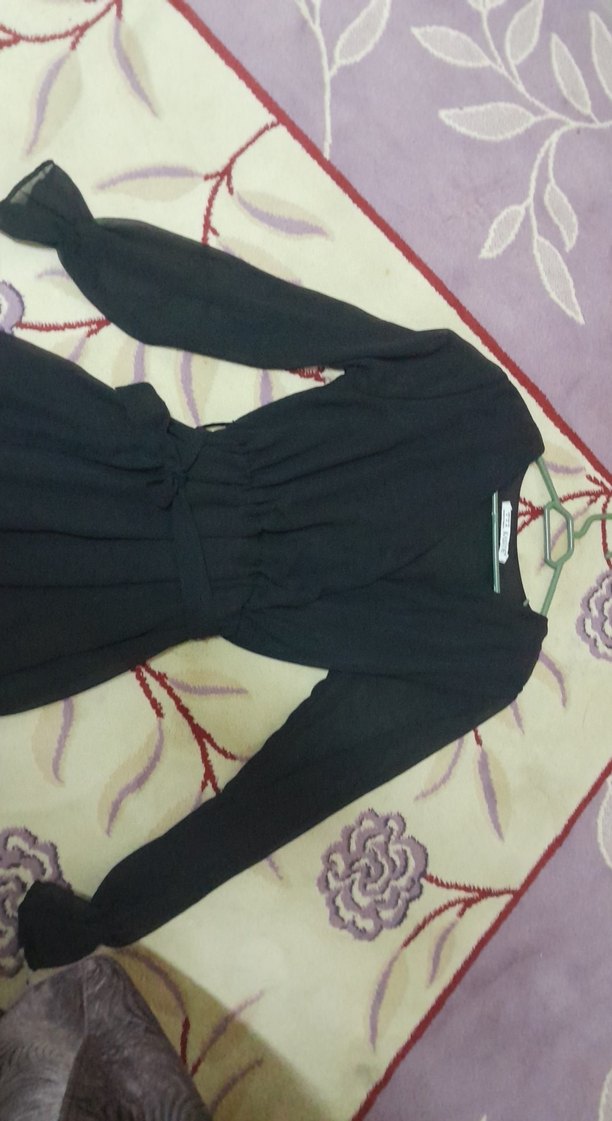 V Yaka Siyah Uzun Kollu Kadın Elbise - Görsel 3