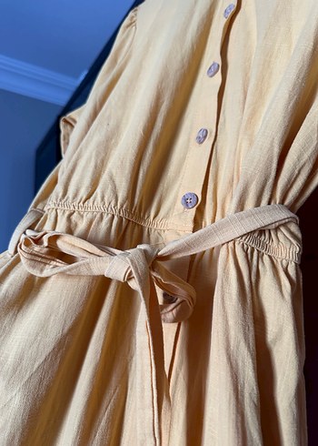 Düğmeli Sarı Keten Kadın Gömlek - Görsel 6