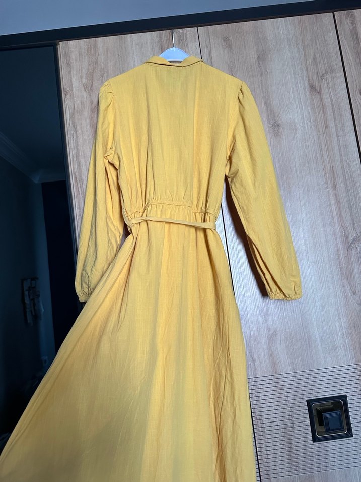 Düğmeli Sarı Keten Kadın Gömlek - Görsel 5