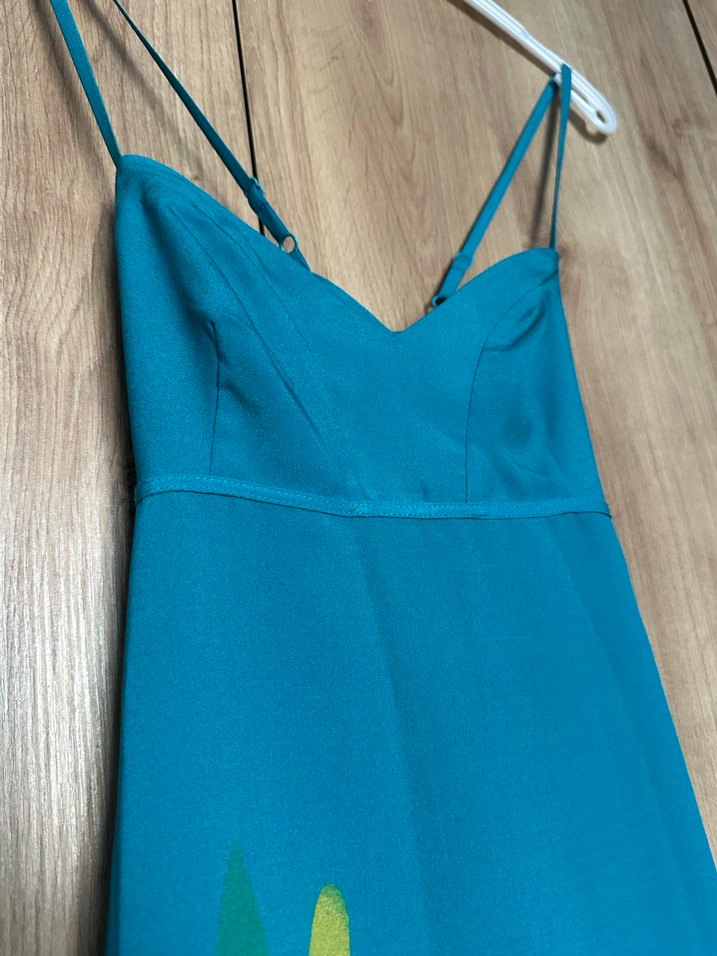 Turkuaz Çiçek Desenli Uzun Drapeli Elbise - Görsel 3