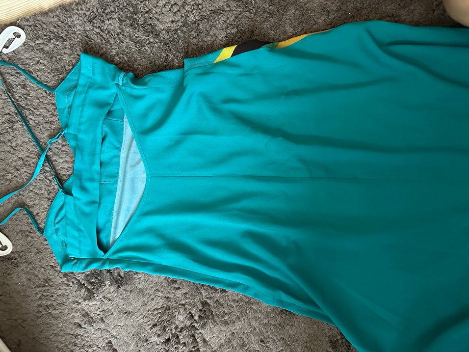 Turkuaz Çiçek Desenli Uzun Drapeli Elbise - Görsel 4