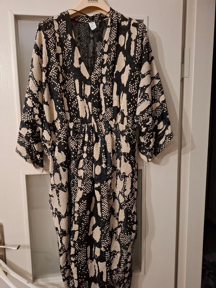 Bohem Yılan Desenli V Yaka Uzun Elbise ,Tunik - Görsel 5