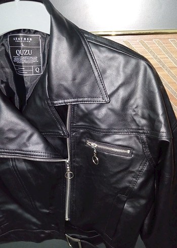 l Beden siyah Renk Kadın Siyah Parlak Deri Biker Ceket