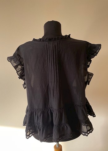 Siyah Fırfırlı V Yakalı Keten Bluz - Görsel 4