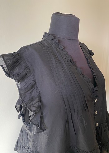 Siyah Fırfırlı V Yakalı Keten Bluz - Görsel 2