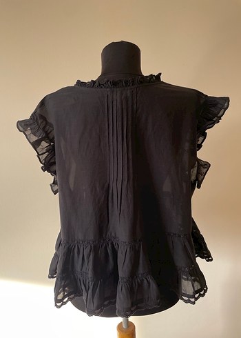 Siyah Fırfırlı V Yakalı Keten Bluz - Görsel 3