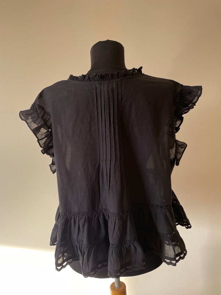 Siyah Fırfırlı V Yakalı Keten Bluz - Görsel 4