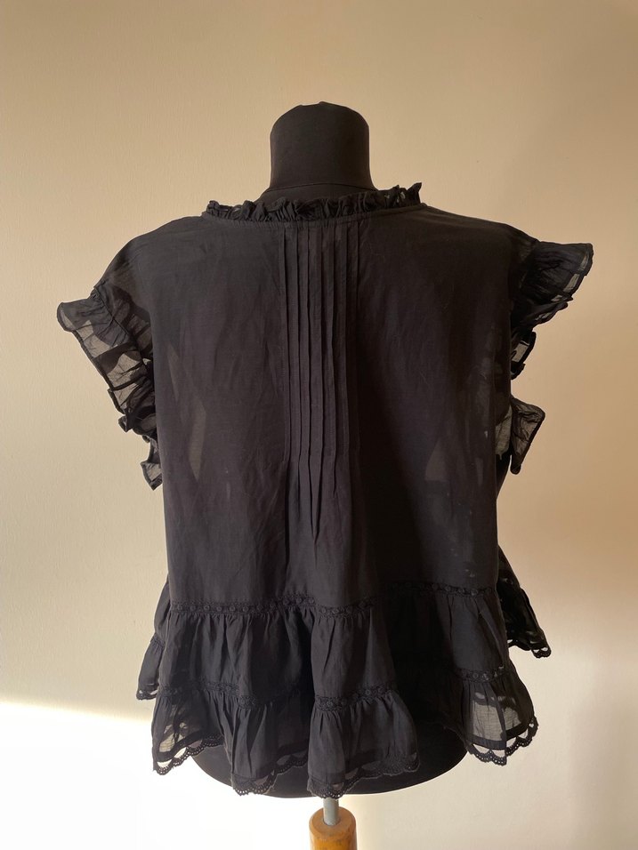 Siyah Fırfırlı V Yakalı Keten Bluz - Görsel 3