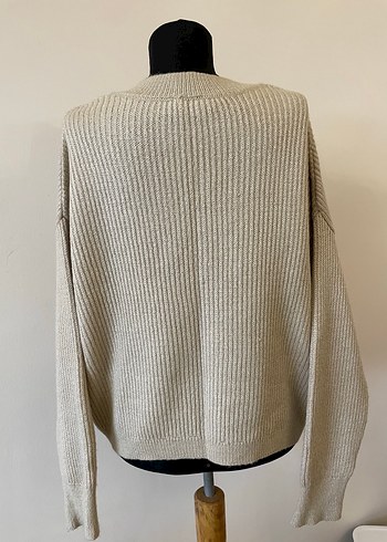 V Yaka Bej Örgü Kadın Kazak - Görsel 5