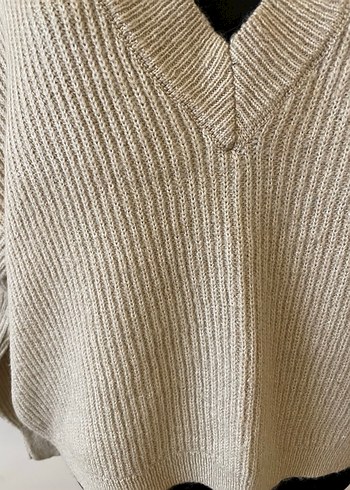 V Yaka Bej Örgü Kadın Kazak - Görsel 2