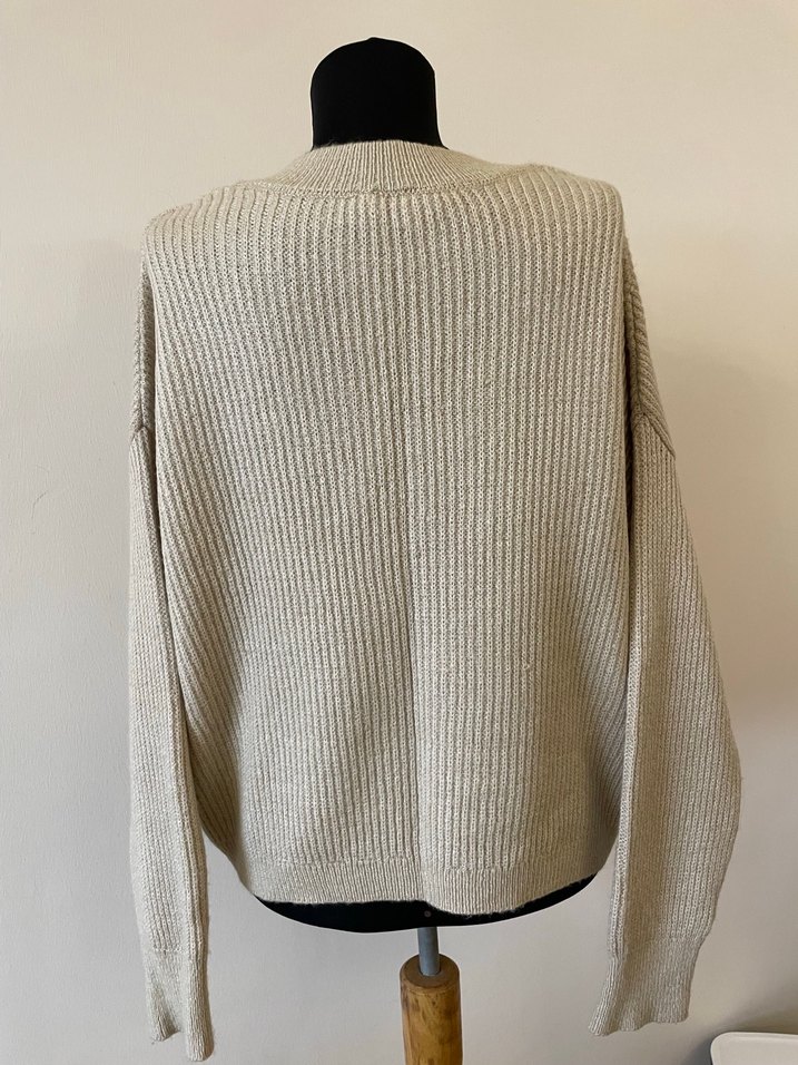 V Yaka Bej Örgü Kadın Kazak - Görsel 5