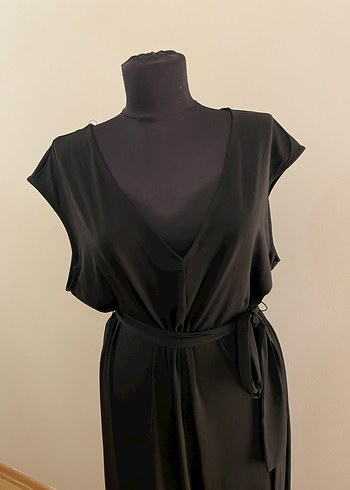 Siyah Uzun Kadın Tulum, Kuşaklı, V Yaka - Görsel 2