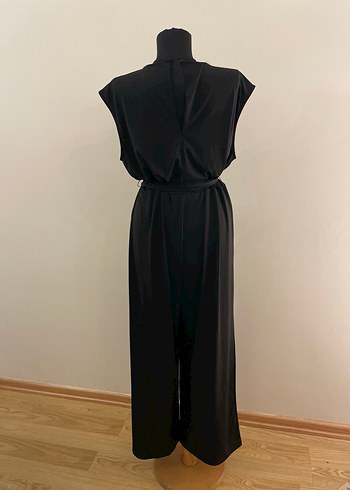 Siyah Uzun Kadın Tulum, Kuşaklı, V Yaka - Görsel 3