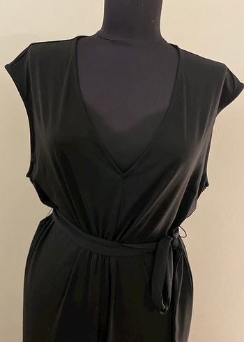 Siyah Uzun Kadın Tulum, Kuşaklı, V Yaka - Görsel 6