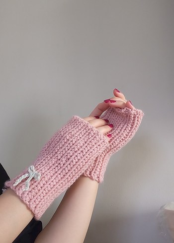 Pembe Örgü Parmaksız Kadın Eldiveni - Görsel 2
