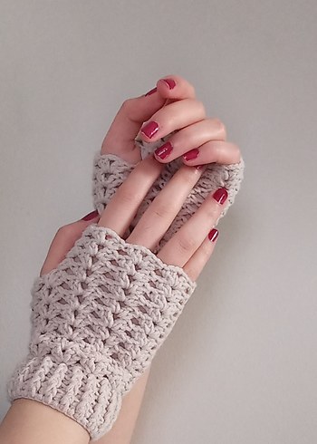Dantel Detaylı Pudra Örgü Eldiven - Görsel 2