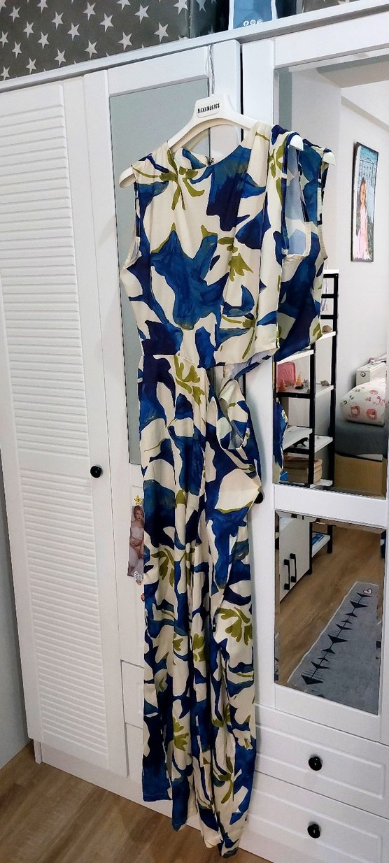 Kadın Mavi Desenli Straplez Tulum - Görsel 2