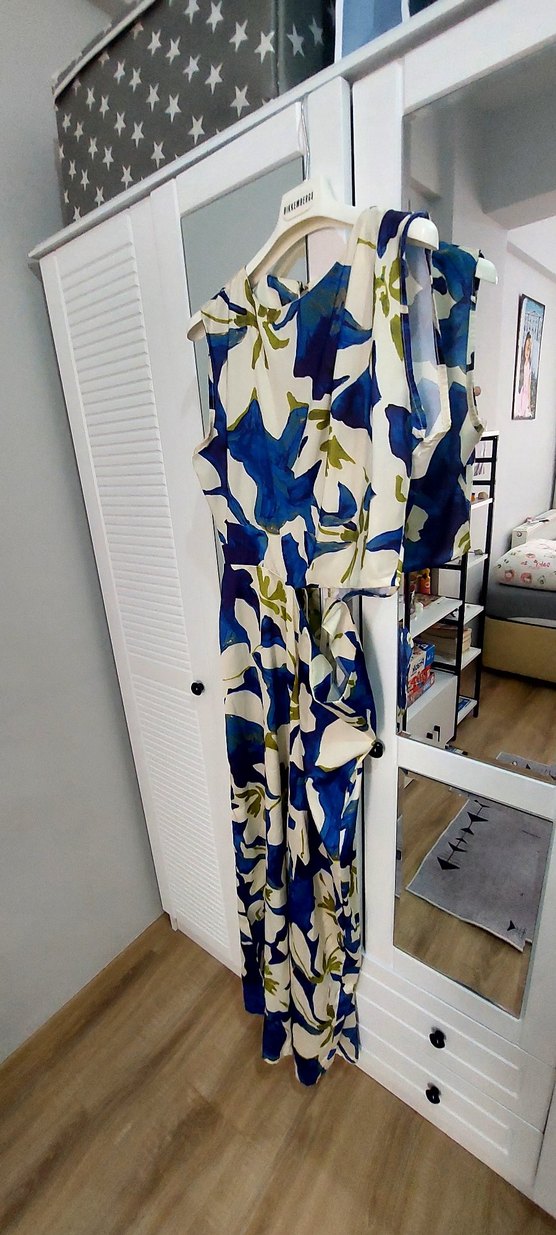 Kadın Mavi Desenli Straplez Tulum - Görsel 4