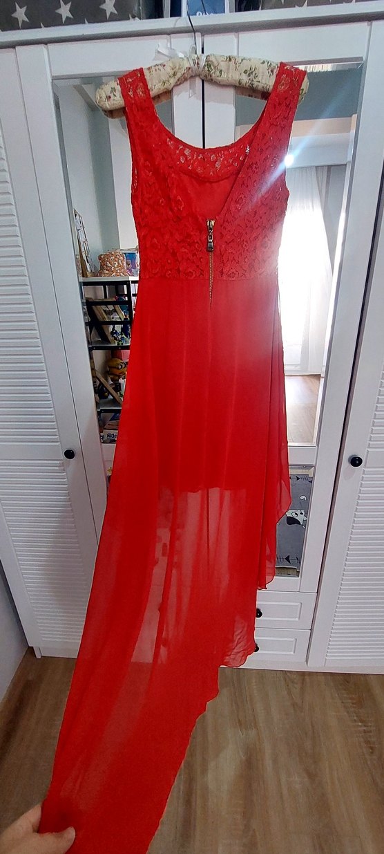 Kırmızı Drapeli Straplez Uzun Abiye Elbise - Görsel 2