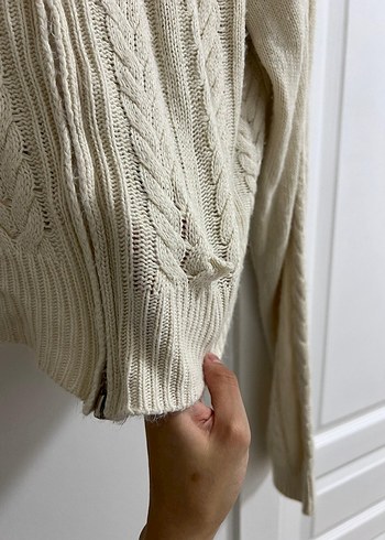 vintage Bej Örgü Fermuarlı Yüksek Yakalı Kadın Kazak - Görsel 6